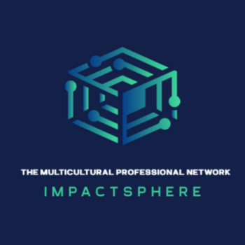 Logo of ImpactSphere, The Multicultural Professional Network, featuring a green-blue geometric cube design on a dark blue background.